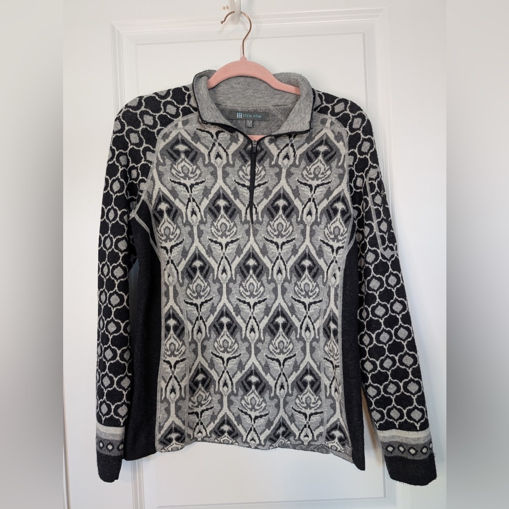 TITLE NINE Quarter-Zip Wool-Blend Sweater Black Gray Cream Jacquard Knit Size M